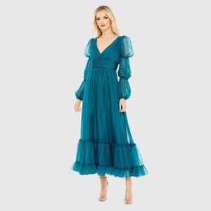Mac Duggal 68254 NWT Teal Chiffon Ruched Tiered Puff Sleeve A Line Dress